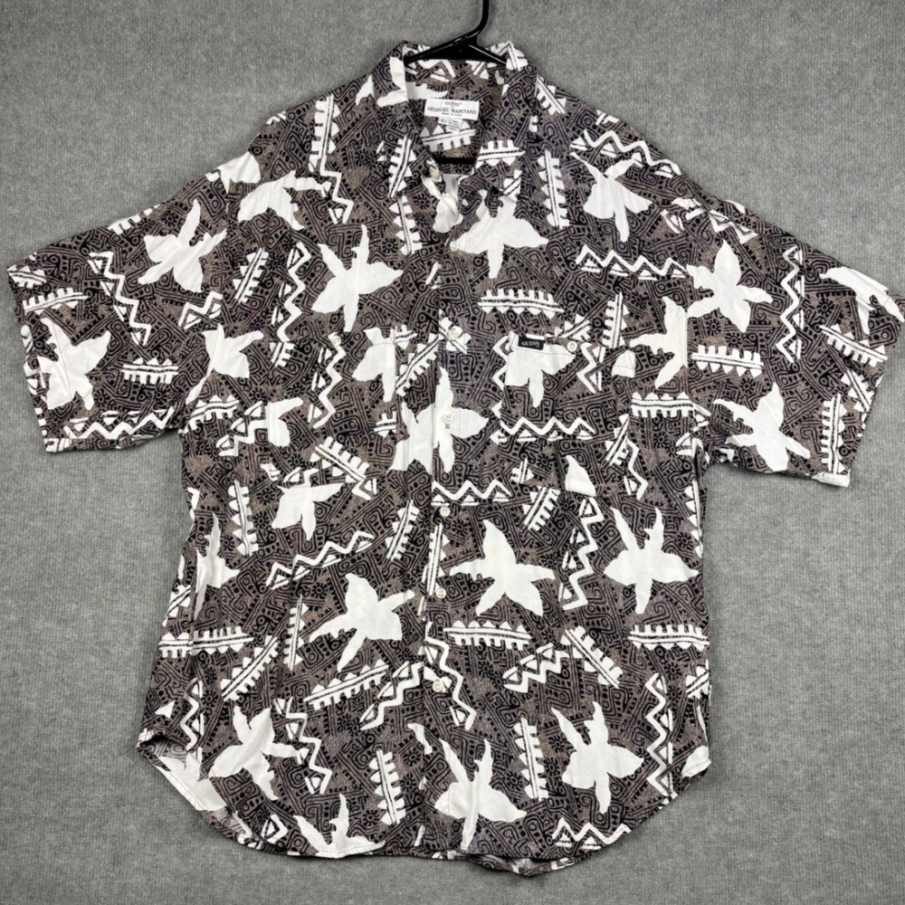 Vintage Guess Georges Marciano Short Sleeve Button Up Shirt L Brown USA Made